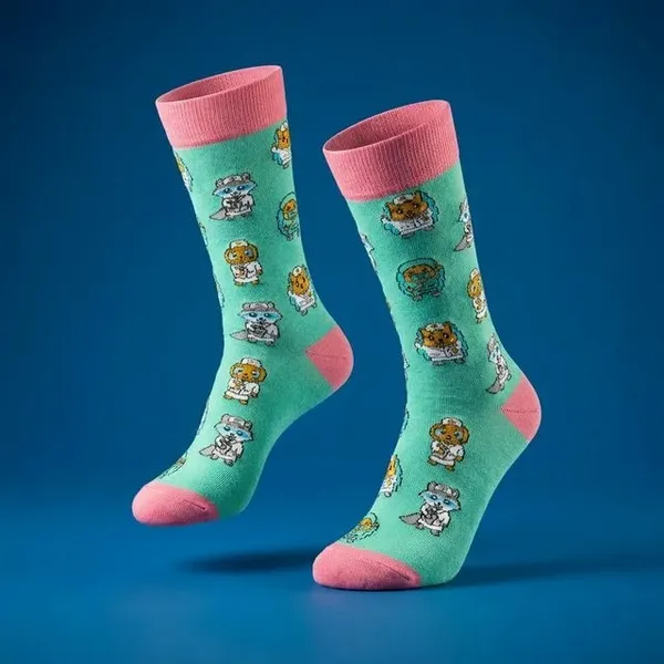 Turquoise_Floral_Print_Crew_Length_Socks_With_Pink_Trim