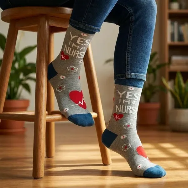 Grey_Cotton_Yes_I'M_A_Nurse_Printed_Crew_Socks_With_Blue_Accents