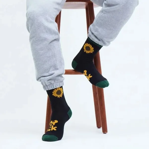 Black_Sunflower_Print_Crew_Socks_With_Green_Accents