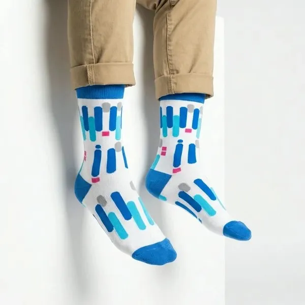 White_And_Blue_Geometric_Pattern_Crew_Socks_For_Unisex