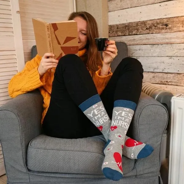 Grey_Cotton_Yes_I'M_A_Nurse_Printed_Crew_Socks_With_Blue_Accents