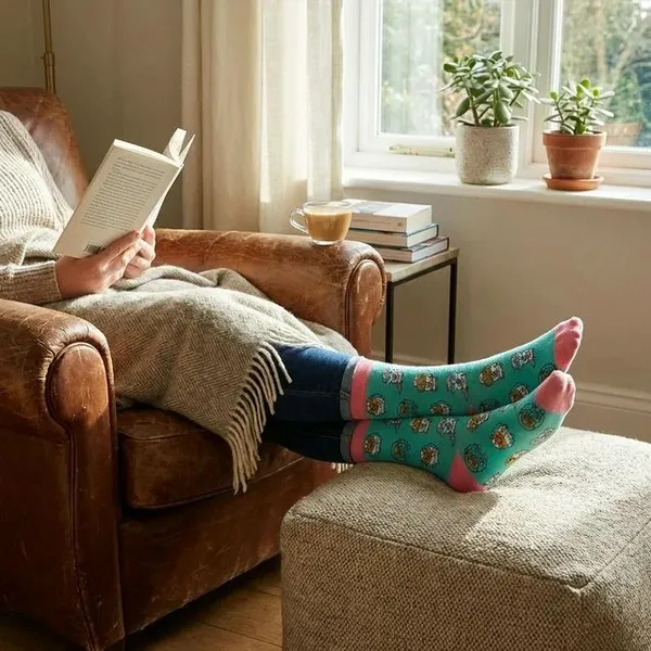 Turquoise_Floral_Print_Crew_Length_Socks_With_Pink_Trim