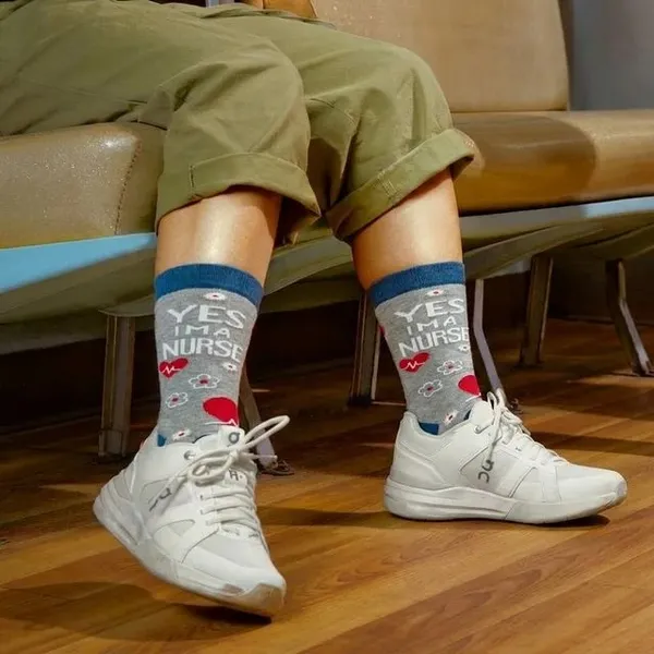 Grey_Cotton_Yes_I'M_A_Nurse_Printed_Crew_Socks_With_Blue_Accents