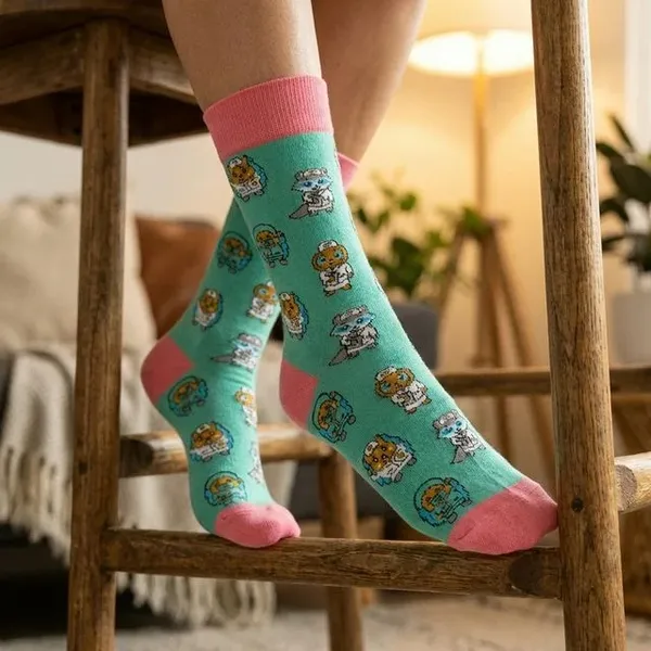 Turquoise_Floral_Print_Crew_Length_Socks_With_Pink_Trim