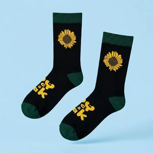 Black_Sunflower_Print_Crew_Socks_With_Green_Accents
