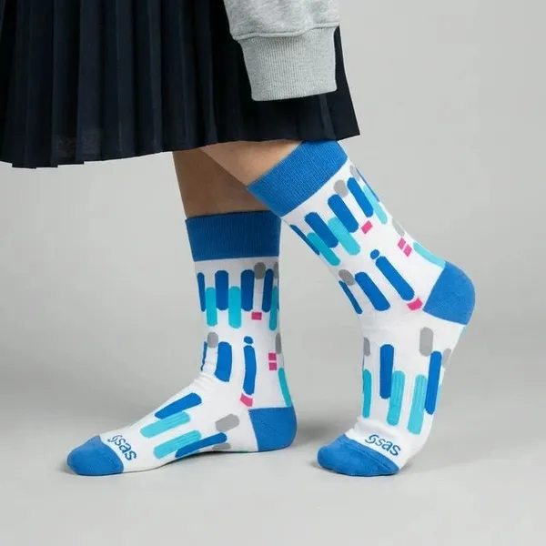 White_And_Blue_Geometric_Pattern_Crew_Socks_For_Unisex
