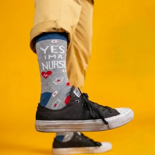 Grey_Cotton_Yes_I'M_A_Nurse_Printed_Crew_Socks_With_Blue_Accents