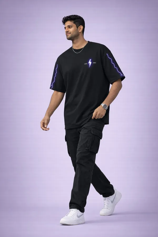 Black_Cotton_Oversized_Graphic_T-Shirt_With_Purple_Lightning_Print_For_Men