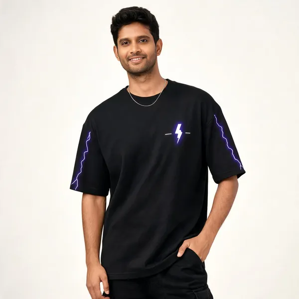 Black_Cotton_Oversized_Graphic_T-Shirt_With_Purple_Lightning_Print_For_Men
