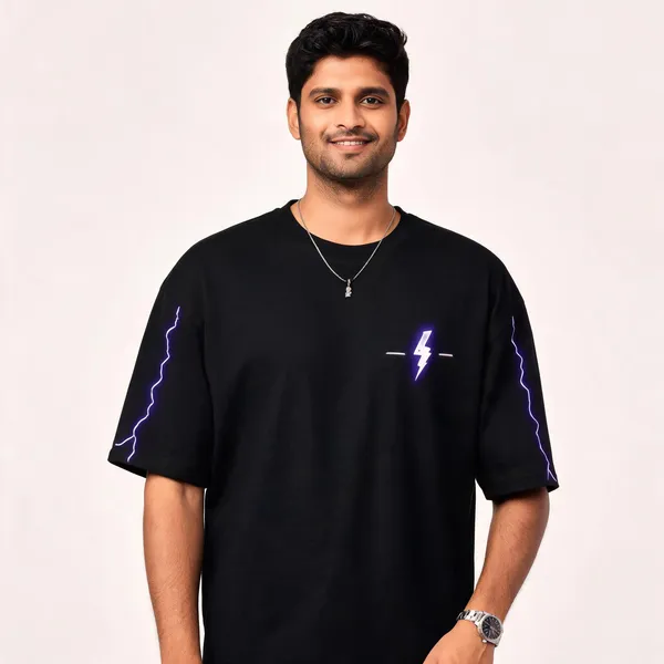 Black_Cotton_Oversized_Graphic_T-Shirt_With_Purple_Lightning_Print_For_Men