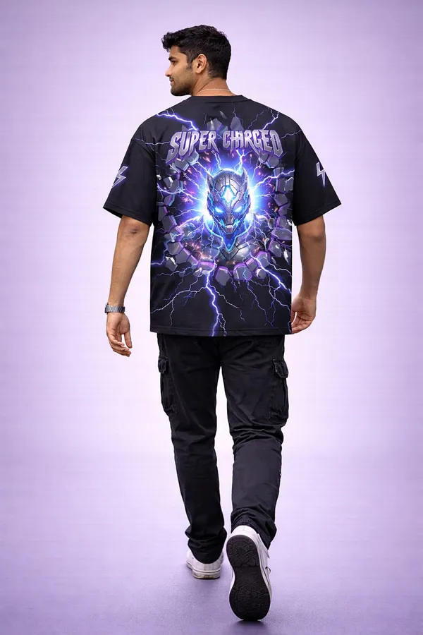Black_Cotton_Oversized_Graphic_T-Shirt_With_Purple_Lightning_Print_For_Men