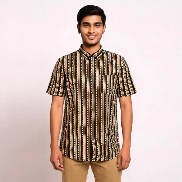 Black_Pure_Cotton_Geometric_Stripe_Short_Sleeve_Shirt_For_Men