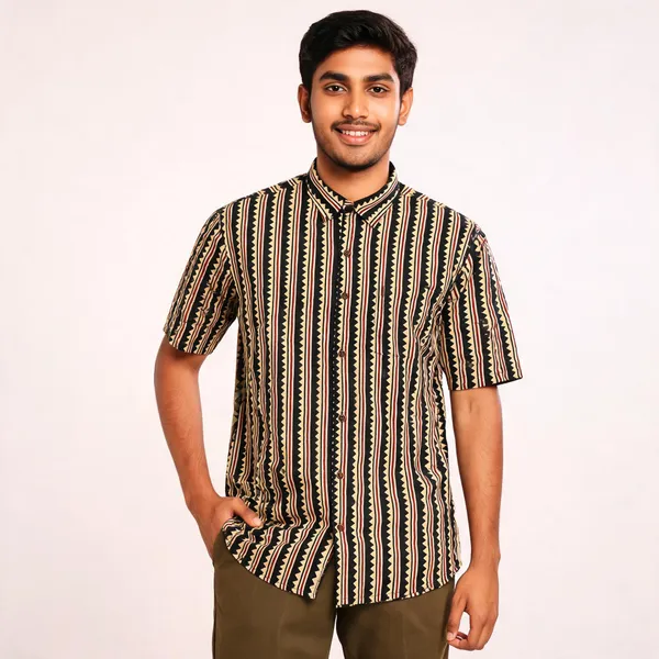 Black_Pure_Cotton_Geometric_Stripe_Short_Sleeve_Shirt_For_Men