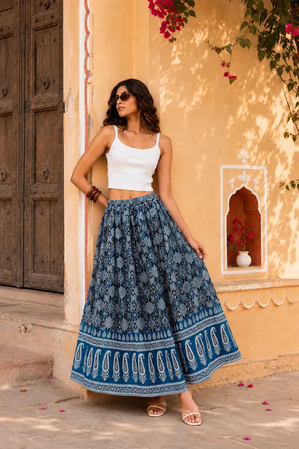 Indigo_Print_Cotton_Flared_Skirt_For_Women