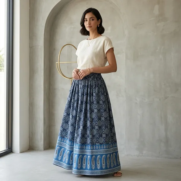Blue_Pure_Cotton_Medallion_Paisley_Print_Flared_Skirt_For_Women