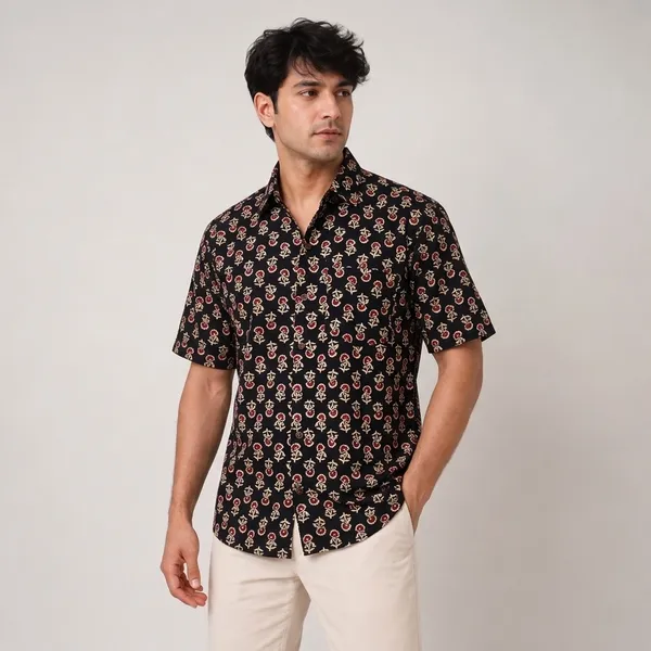 Black_Floral_Print_Pure_Cotton_Shirt_For_Men