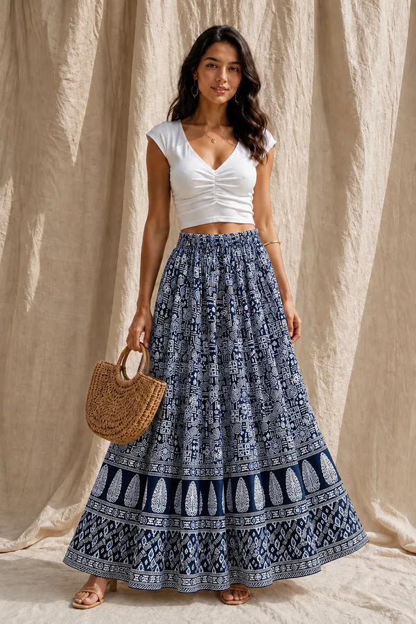 Navy_Blue_Border_Printed_Cotton_Flared_Skirt_For_Women