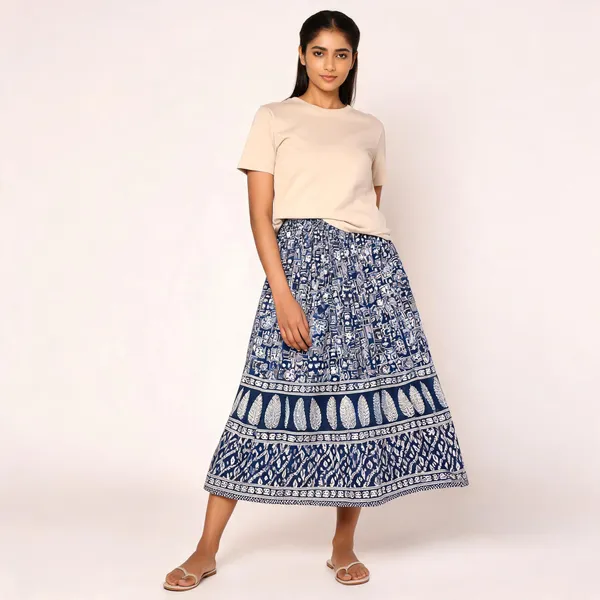 Navy_Blue_Pure_Cotton_Geometric_Print_Flared_Skirt_For_Women
