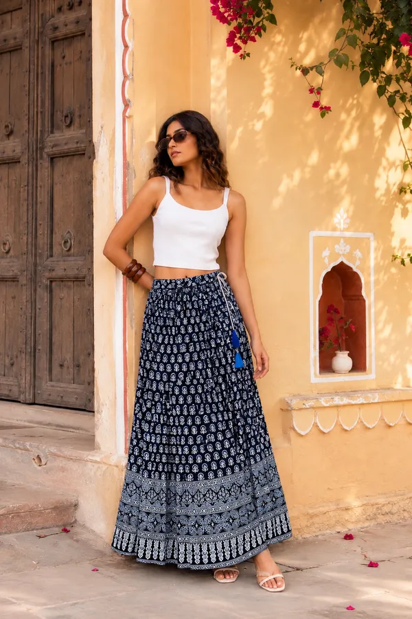 Navy_Blue_Border_Printed_Cotton_Flared_Skirt_For_Women