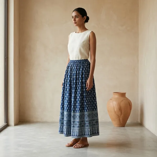 Navy_Blue_Pure_Cotton_Printed_Flared_Skirt_For_Women