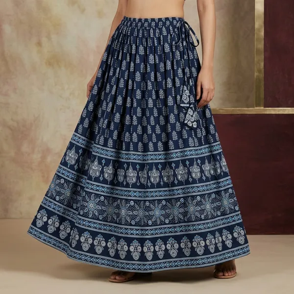 Navy_Blue_Pure_Cotton_Paisley_Floral_Print_Flared_Skirt_For_Women