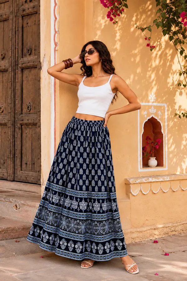 Sanganeri_Border_Printed_Cotton_Flared_Skirt_For_Women