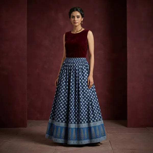 Blue_Pure_Cotton_Geometric_Floral_Flared_Skirt_For_Women