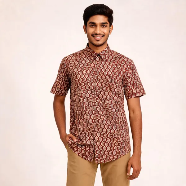 Brown_Pure_Cotton_Relaxed_Fit_Leaf_Print_Shirt_For_Men