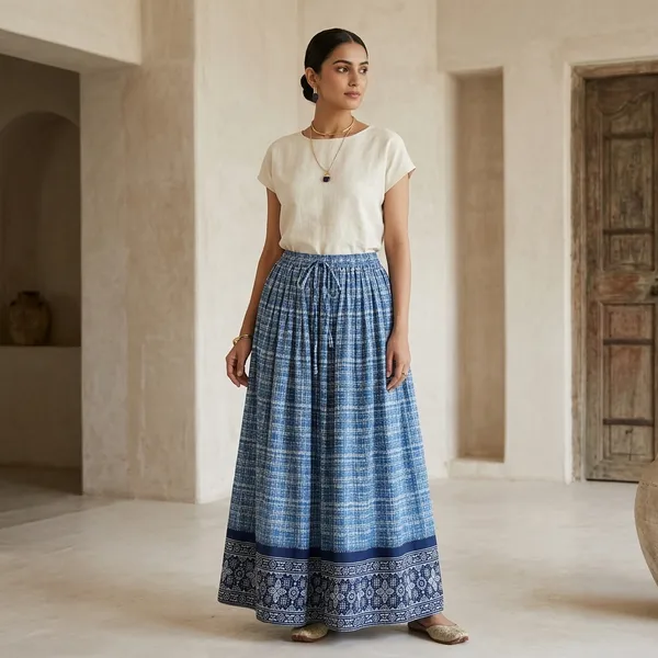 Blue_Pure_Cotton_Flared_Skirt_For_Women