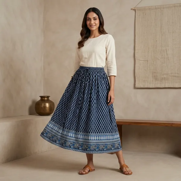 Navy_Blue_Pure_Cotton_Floral_Print_Flared_Skirt_For_Women