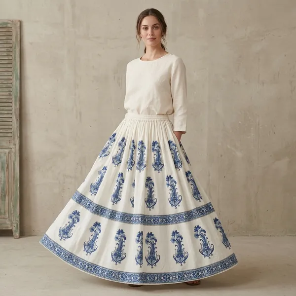 White_Pure_Cotton_Hand_Block_Printed_Skirt_For_Women