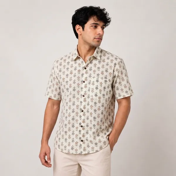 Floral_Printed_Off_White_Pure_Cotton_Shirt_For_Men