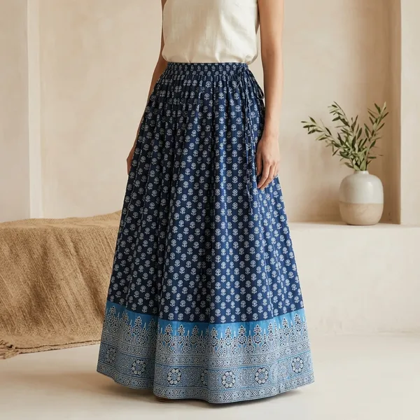 Navy_Blue_Pure_Cotton_Printed_Flared_Skirt_For_Women