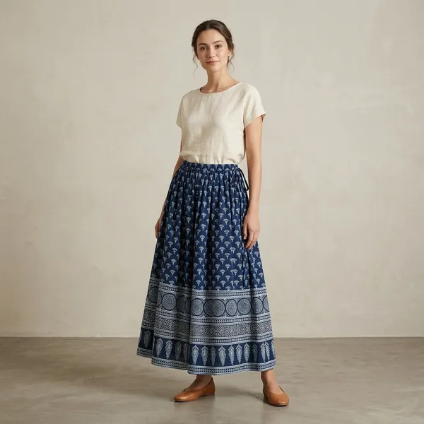 Blue_Pure_Cotton_Ornamental_Print_Flared_Skirt_For_Women