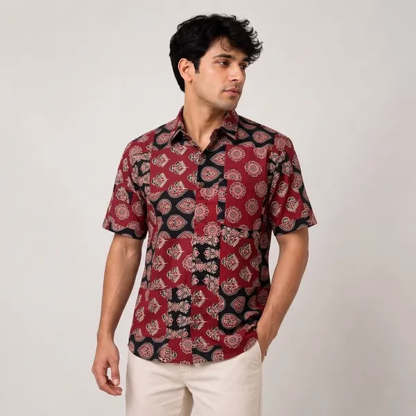 Red_&_Black_Patchwork_Pure_Cotton_Shirt_For_Men