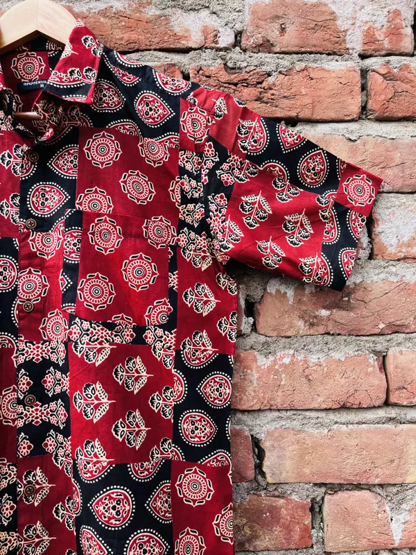Red_&_Black_Patchwork_Pure_Cotton_Shirt_For_Men
