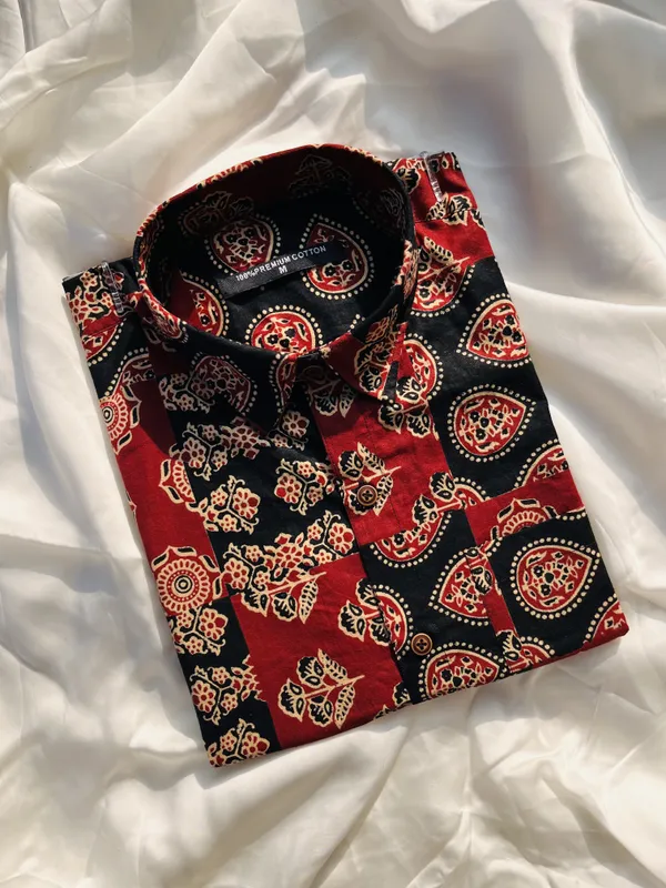 Red_&_Black_Patchwork_Pure_Cotton_Shirt_For_Men