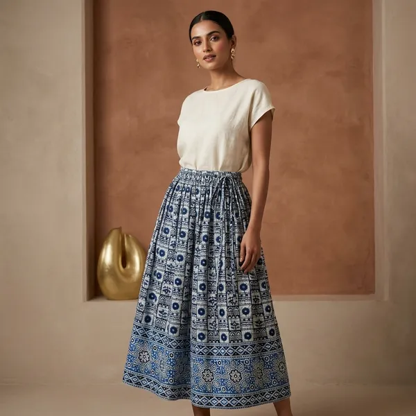 Blue_White_Pure_Cotton_Geometric_Print_Flared_Skirt_For_Women