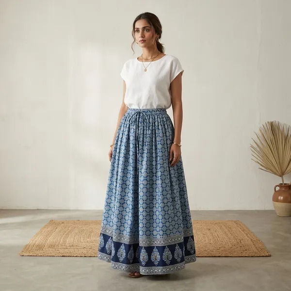 Blue_Pure_Cotton_Geometric_Print_Flared_Skirt_For_Women