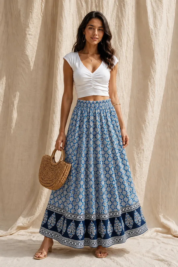 Cotton_Geometric_Print_Flared_Skirt_For_Women