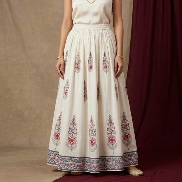 White_Pure_Cotton_Hand_Block_Printed_Skirt_For_Women