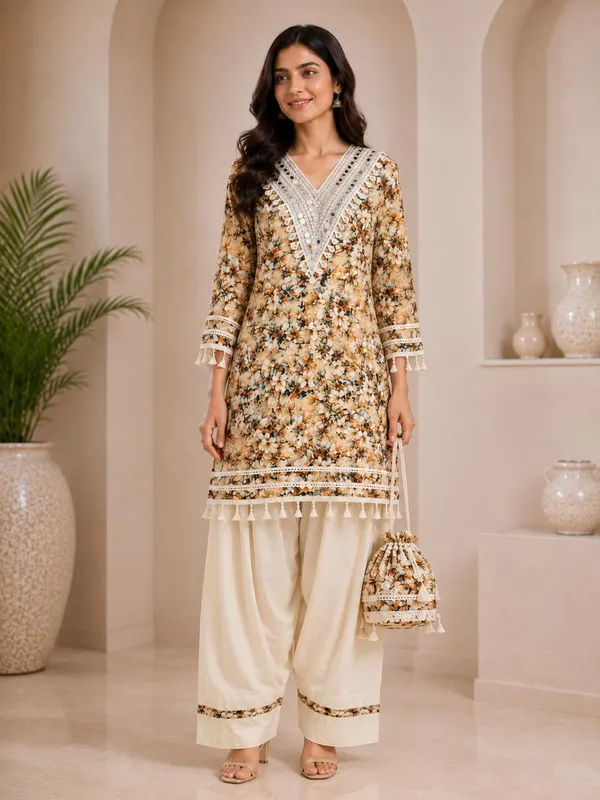 Beige_Chiffon_Mirror_Work_Floral_Print_Kurta_with_Farshi_Salwar_with_Potli_Bag_for_Women