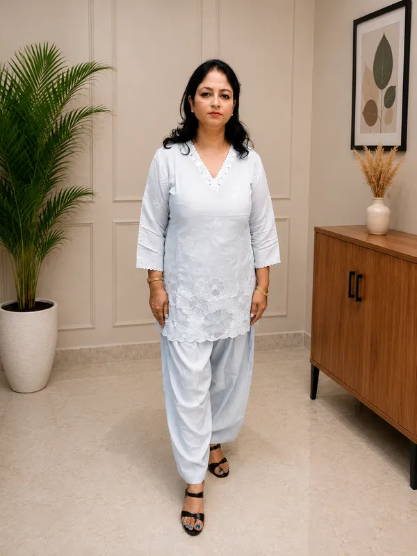 Blue_Pure_Cotton_Floral_Embroidered_V-Neck_Kurta_Set_for_Women
