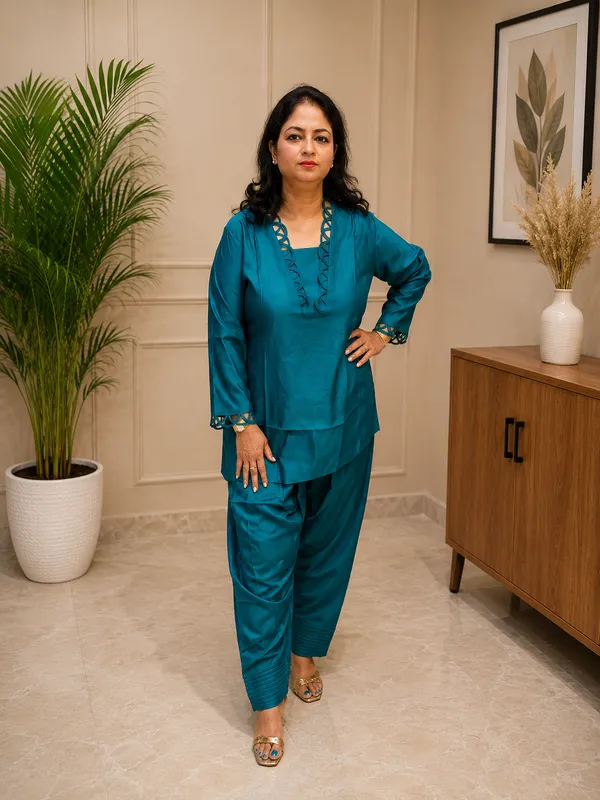 Teal_Cotton_Silk_Embellished_Neckline_Kurta_with_Farshi_Salwar_for_Women