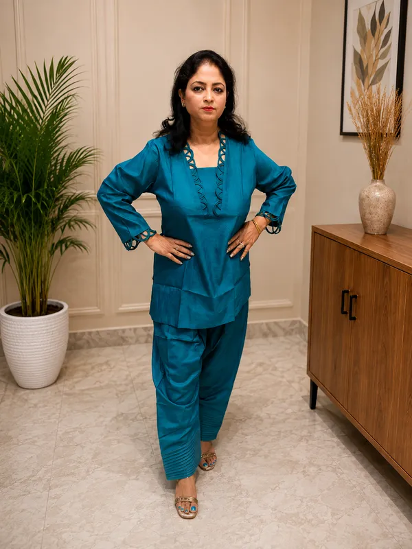 Teal_Cotton_Silk_Embellished_Neckline_Kurta_with_Farshi_Salwar_for_Women