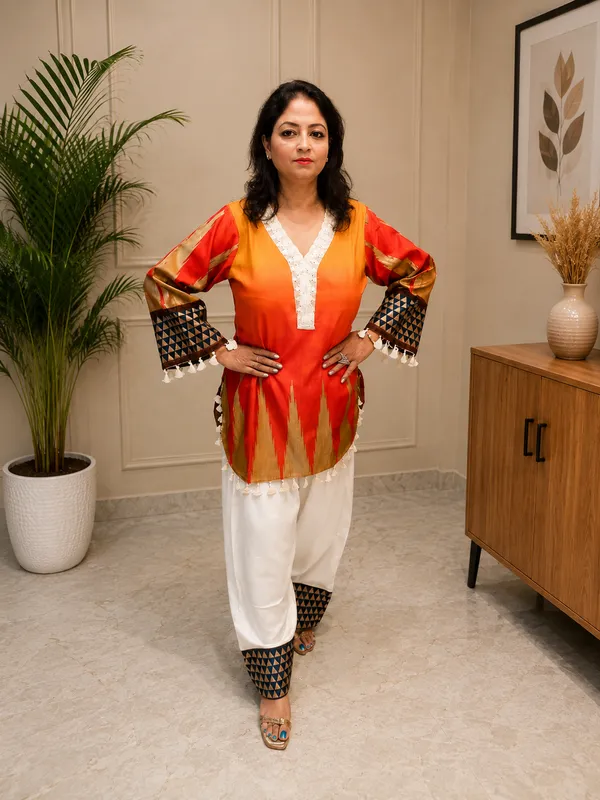 Orange_Cotton_Ombre_Geometric_Print_Bell_Sleeve_Kurta_with_Farshi_Salwar_for_Women