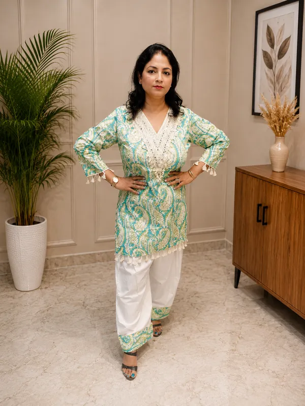 Turquoise_Cotton_Paisley_Print_Mirror_Work_Kurta_with_Farshi_Salwar_for_Women