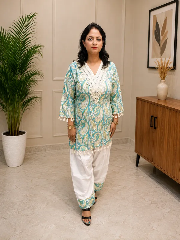 Turquoise_Cotton_Paisley_Print_Mirror_Work_Kurta_with_Farshi_Salwar_for_Women