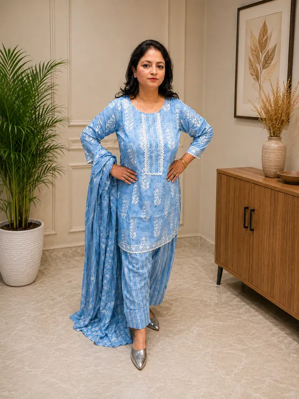 Blue_Pure_Cotton_Paisley_Print_Kurta_with_Farshi_Salwar_Set_for_Women