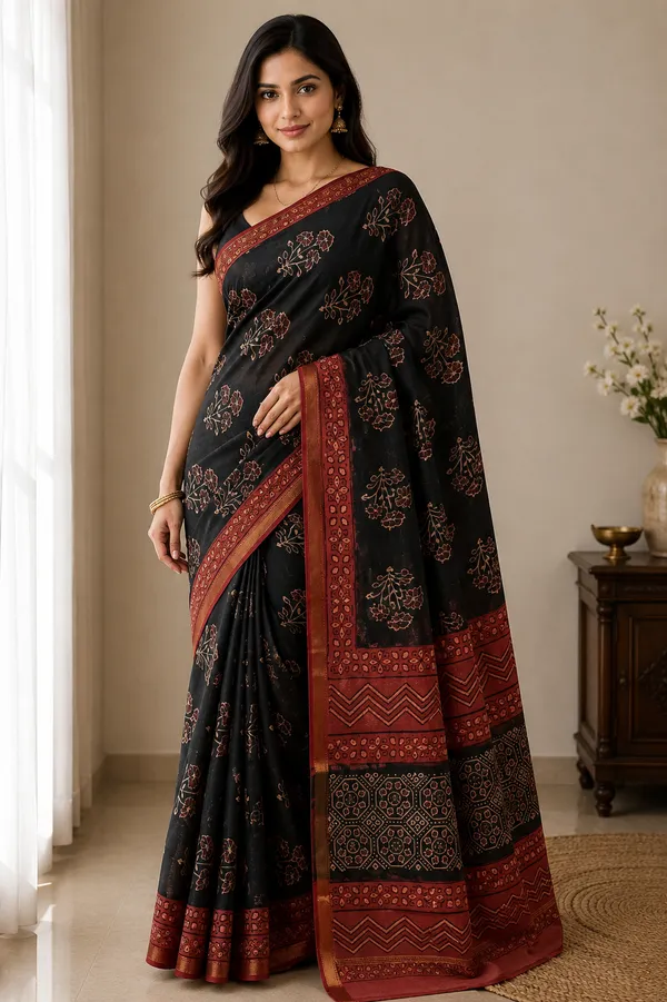 Black_Maheshwari_Silk_Printed_Red_Border_Saree_For_Women